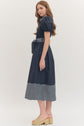 Navy Puff Sleeve Midi Featuring Stripe Placket and Collar