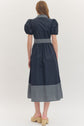 Navy Puff Sleeve Midi Featuring Stripe Placket and Collar