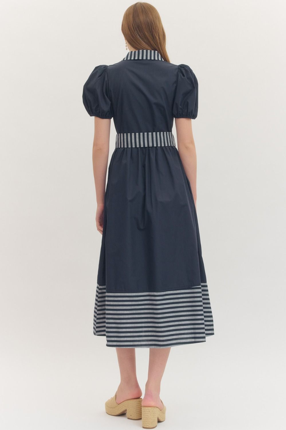 Navy Puff Sleeve Midi Featuring Stripe Placket and Collar