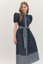 Navy Puff Sleeve Midi Featuring Stripe Placket and Collar
