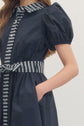 Navy Puff Sleeve Midi Featuring Stripe Placket and Collar