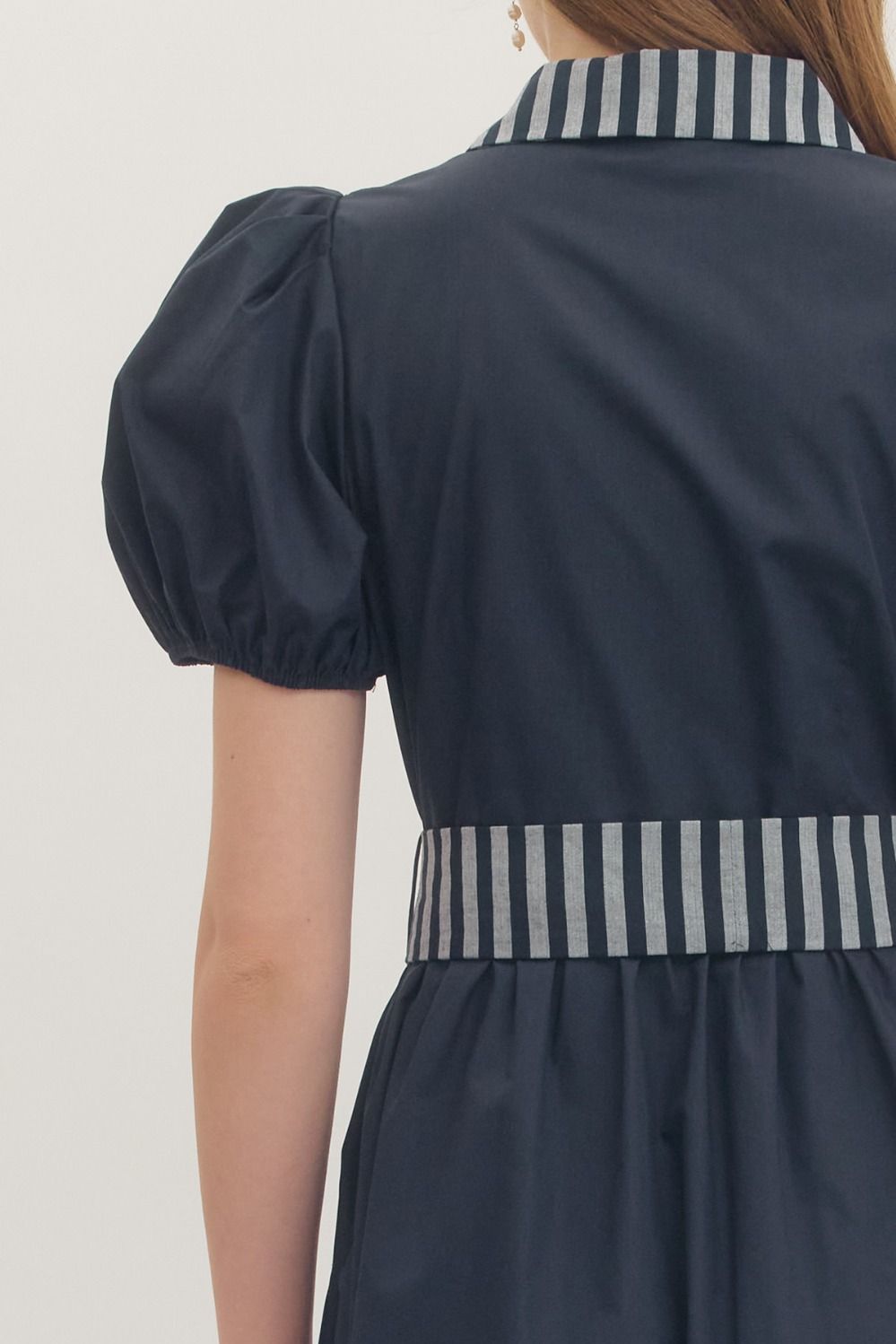 Navy Puff Sleeve Midi Featuring Stripe Placket and Collar