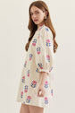 Ecru Embroidered 3/4 Puff Sleeve Mini