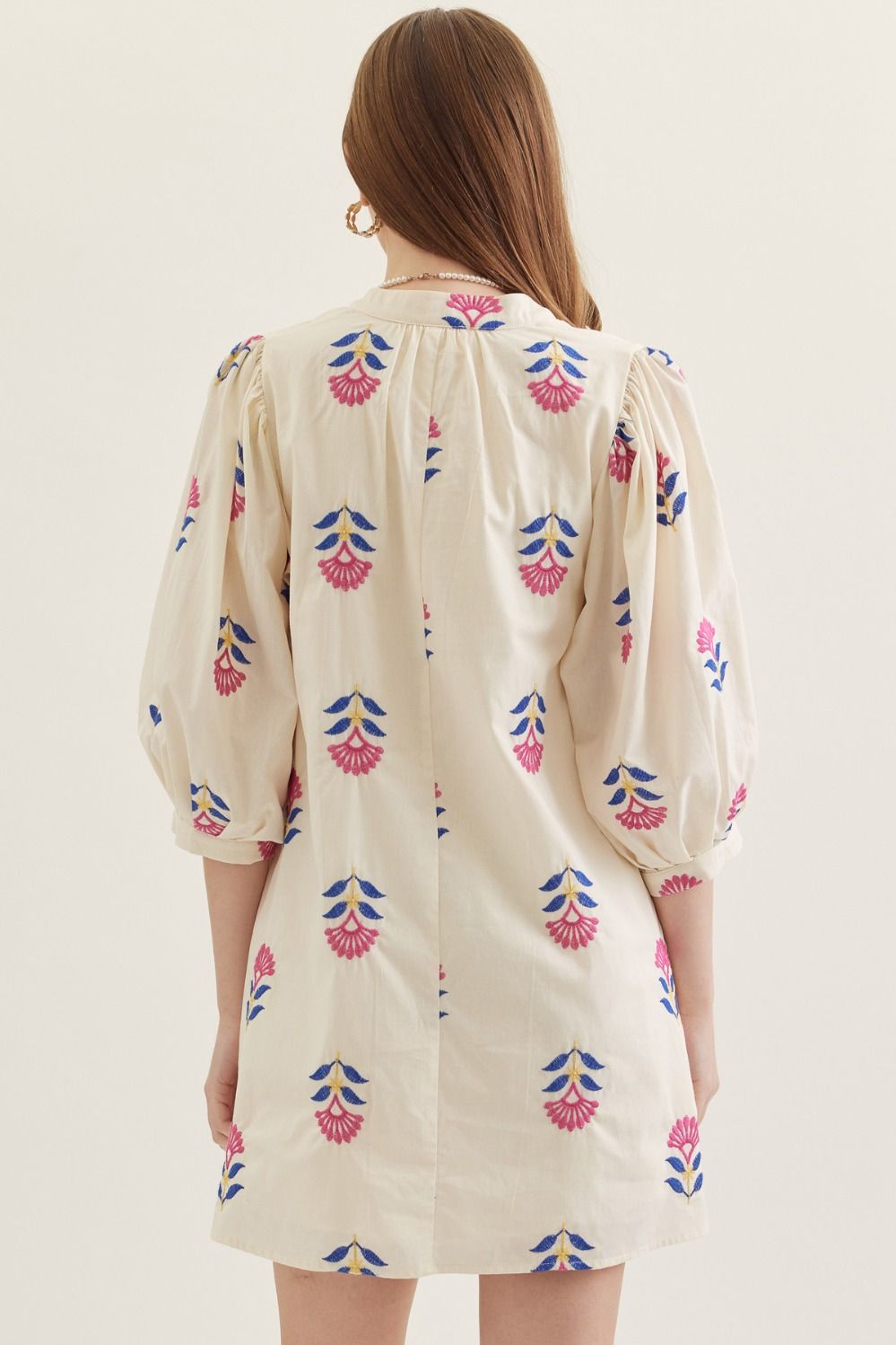Ecru Embroidered 3/4 Puff Sleeve Mini