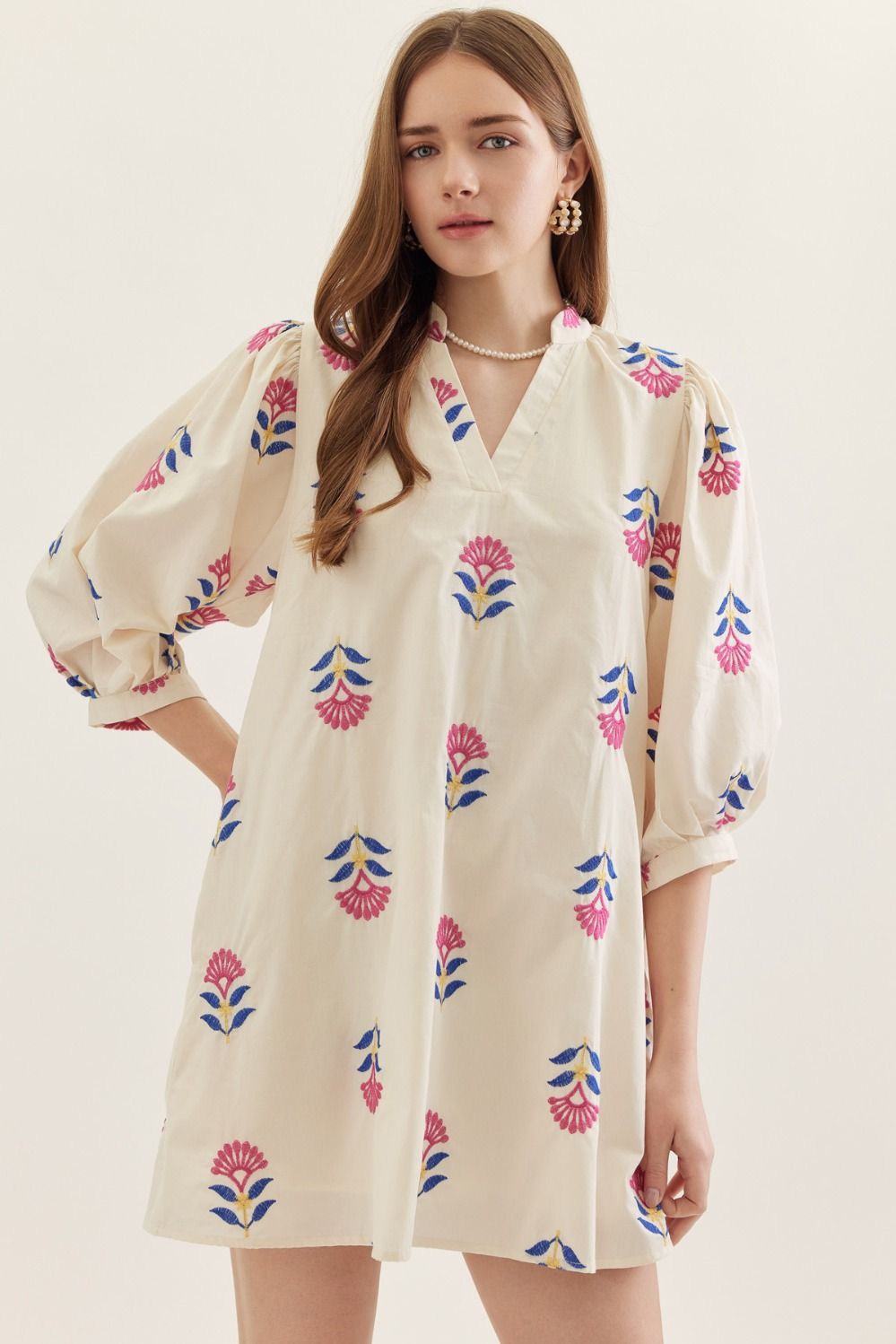Ecru Embroidered 3/4 Puff Sleeve Mini