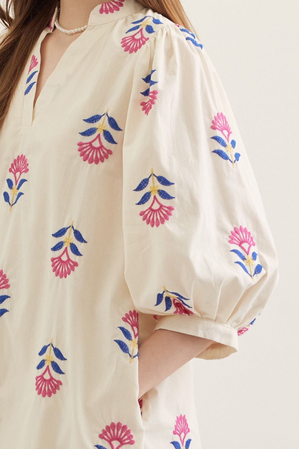 Ecru Embroidered 3/4 Puff Sleeve Mini