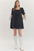 Black Solid Puff Sleeve Mini Square Neckline