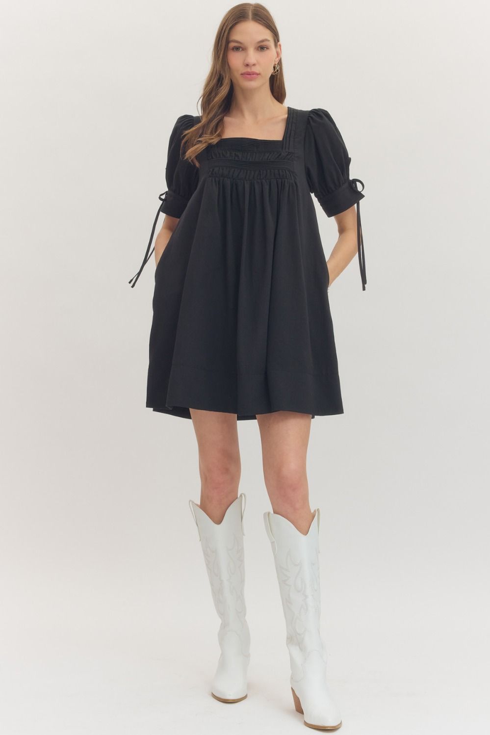 Black Solid Puff Sleeve Mini Square Neckline