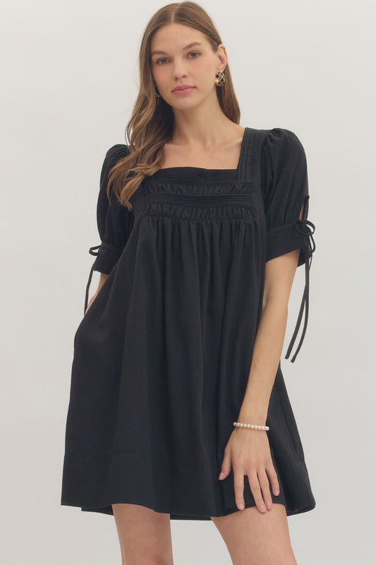 Black Solid Puff Sleeve Mini Square Neckline