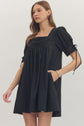 Black Solid Puff Sleeve Mini Square Neckline
