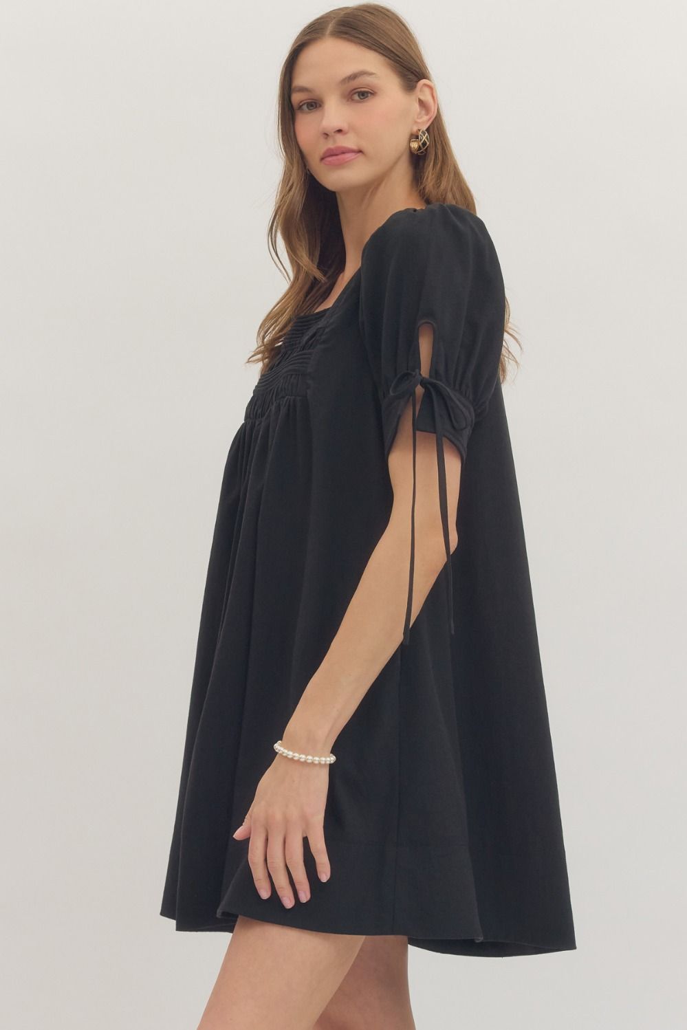 Black Solid Puff Sleeve Mini Square Neckline