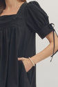 Black Solid Puff Sleeve Mini Square Neckline