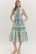 Striped Print Ruffle Sleeve Midi Dress