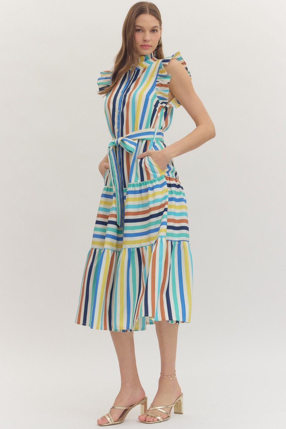 Striped Print Ruffle Sleeve Midi Dress