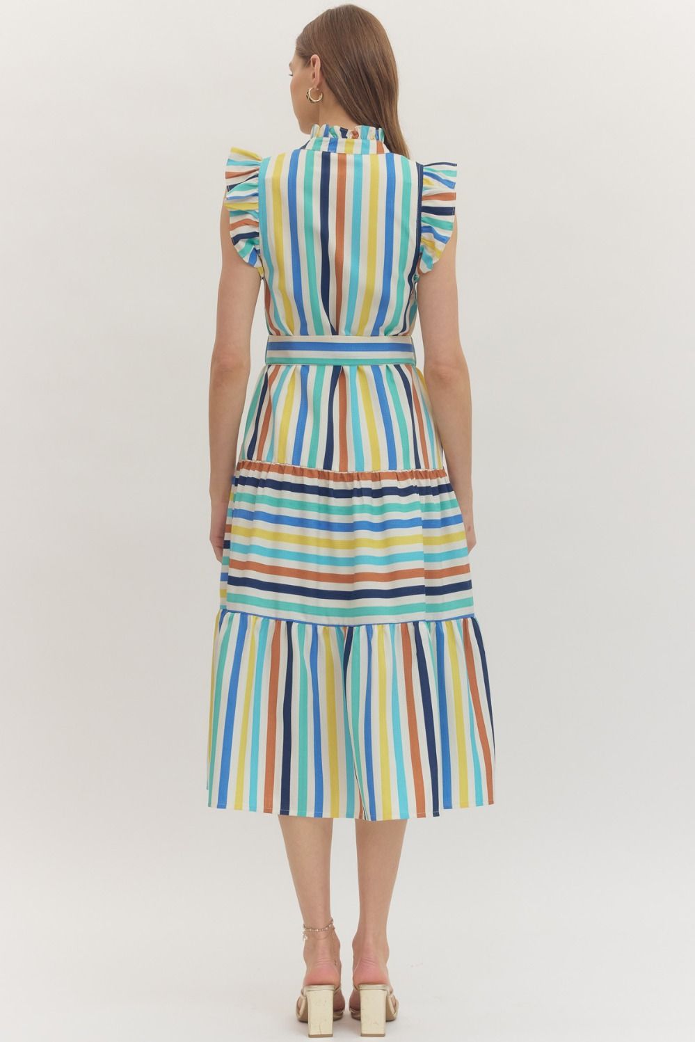 Striped Print Ruffle Sleeve Midi Dress