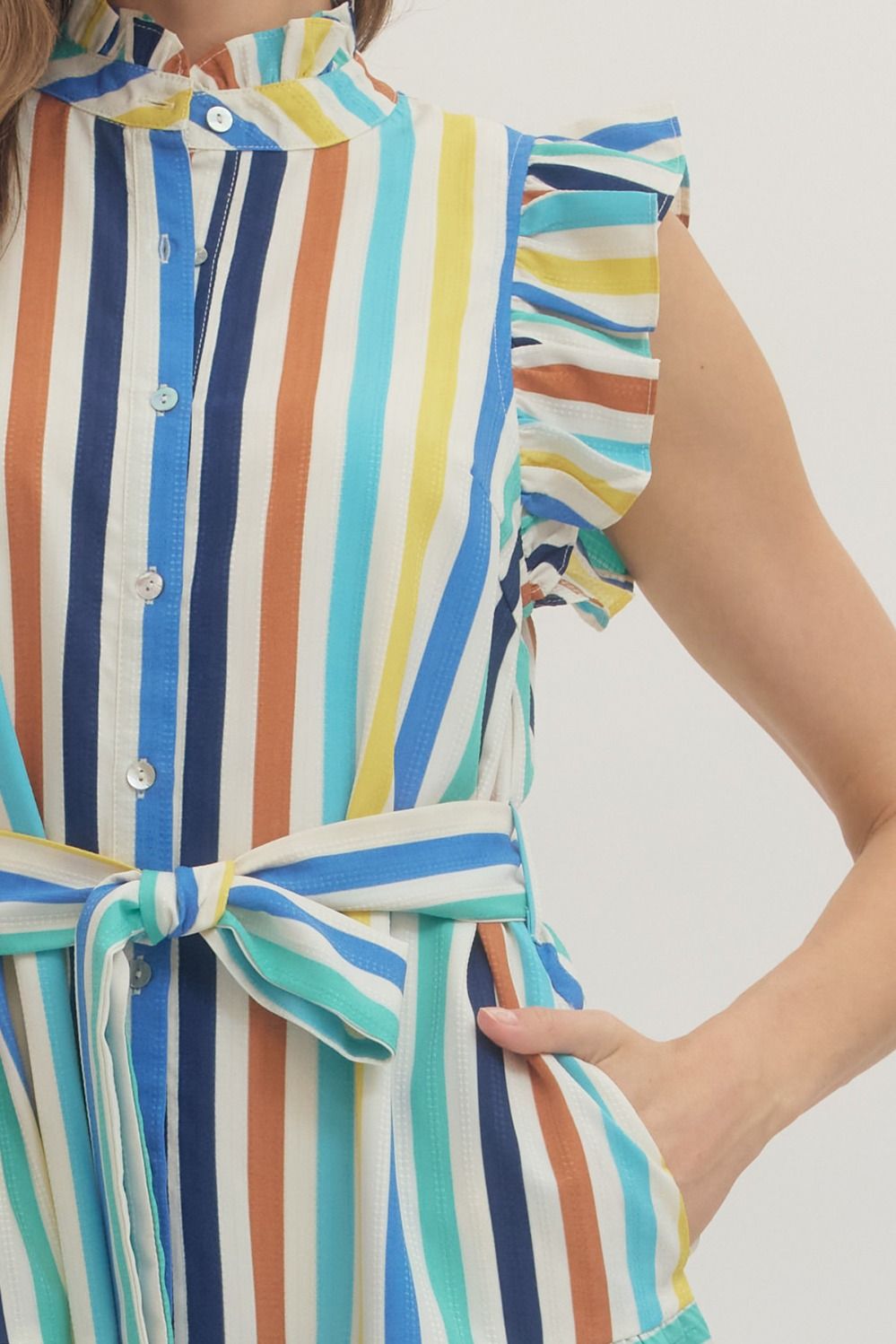 Striped Print Ruffle Sleeve Midi Dress