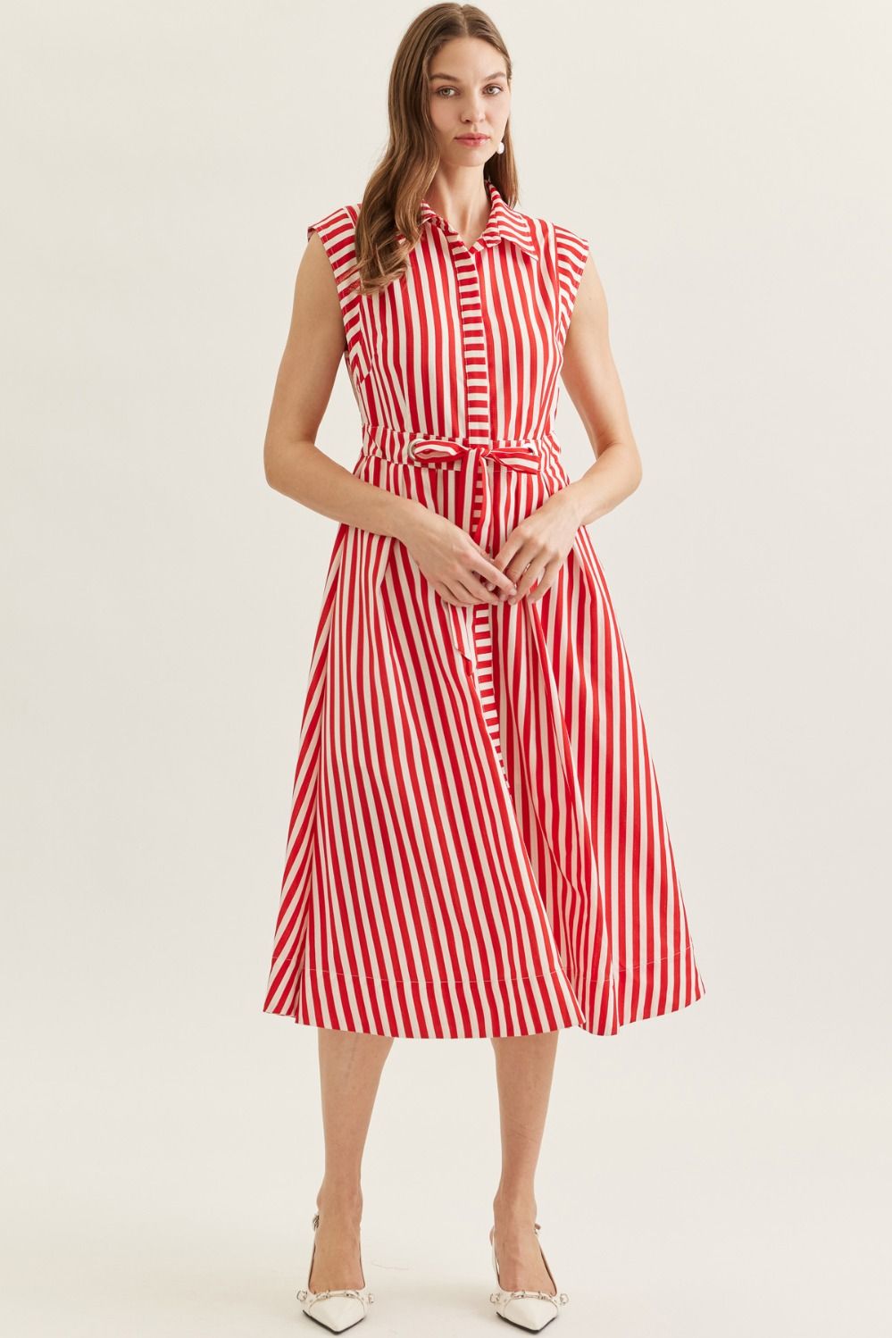 Striped Sleeveless Midi Featuring Self Tie Waist