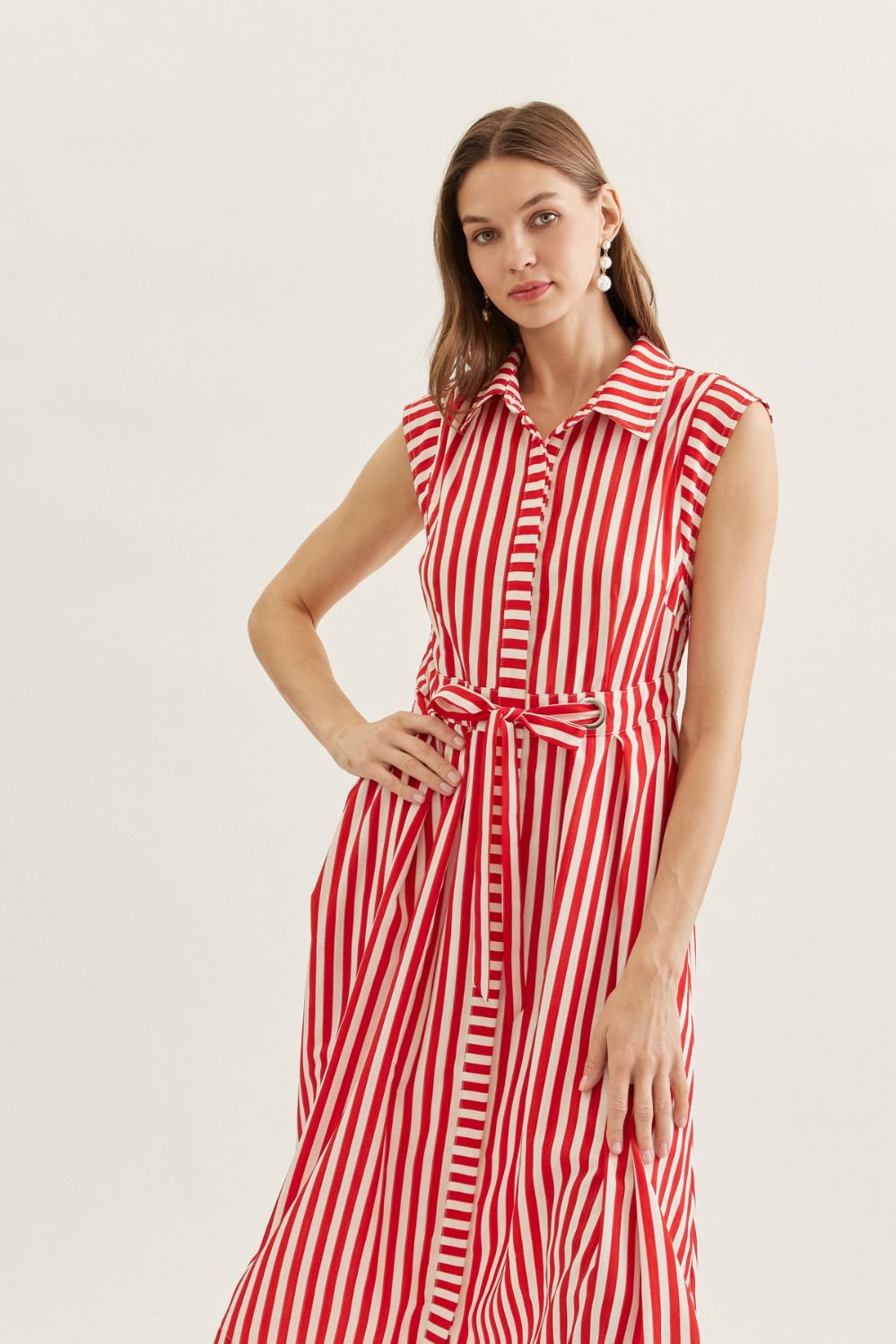 Striped Sleeveless Midi Featuring Self Tie Waist