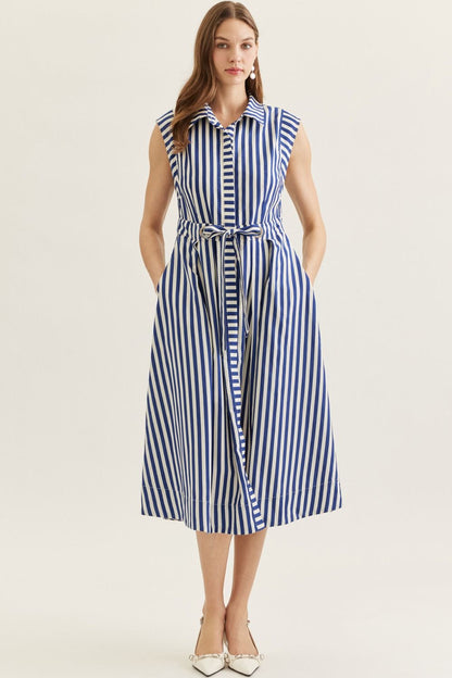 Striped Sleeveless Midi Featuring Self Tie Waist
