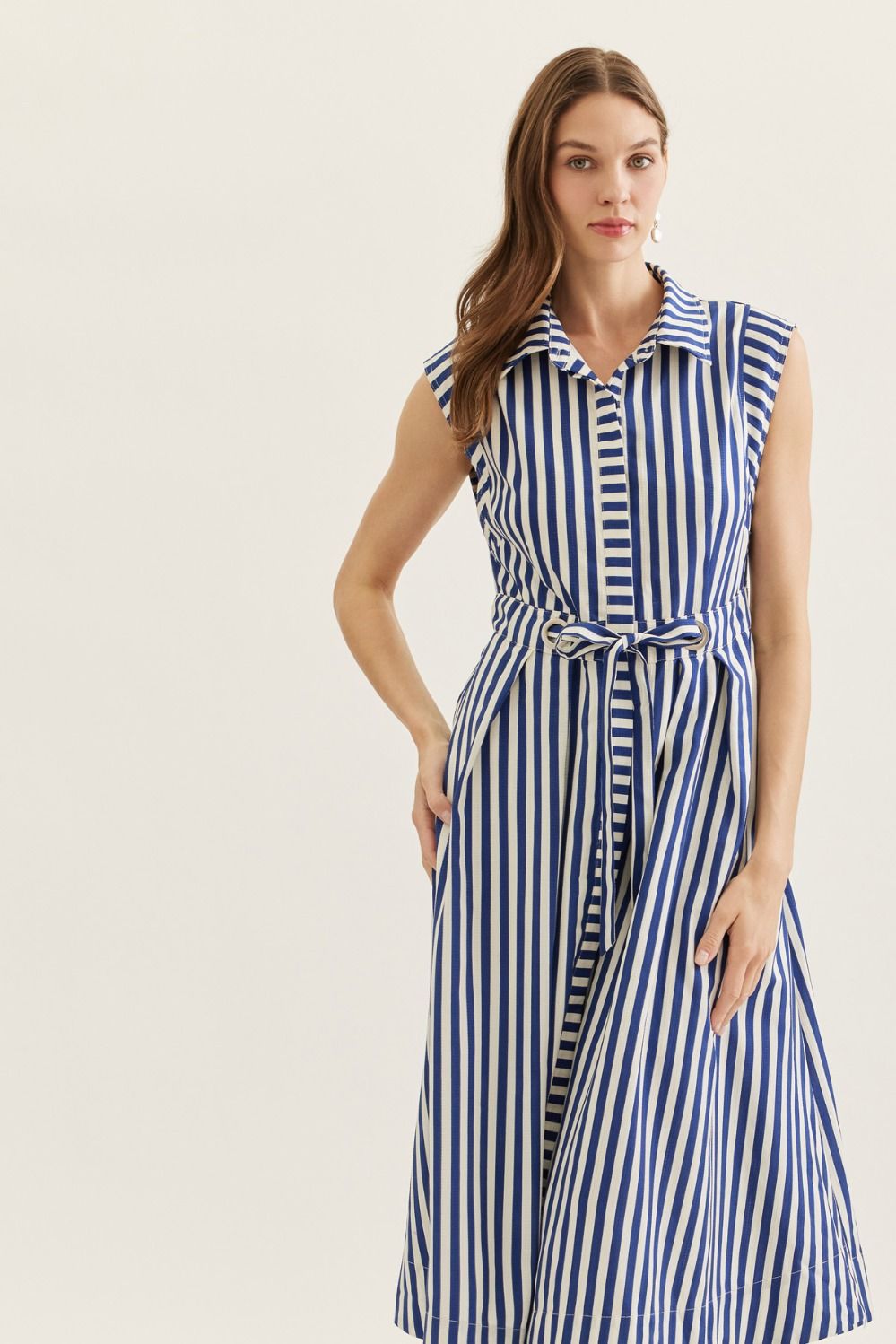 Striped Sleeveless Midi Featuring Self Tie Waist