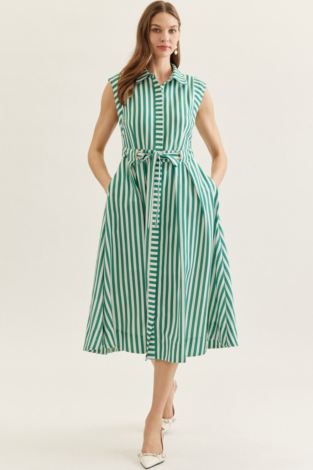 Striped Sleeveless Midi Featuring Self Tie Waist