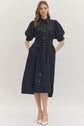 Black Solid Puff Sleeve Midi Featuring Shirt Collar