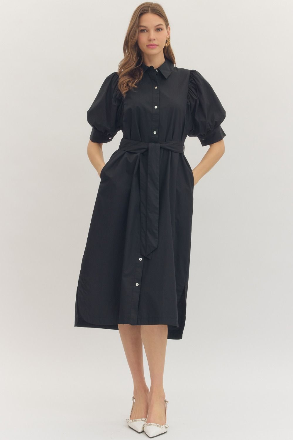 Black Solid Puff Sleeve Midi Featuring Shirt Collar