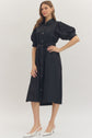 Black Solid Puff Sleeve Midi Featuring Shirt Collar