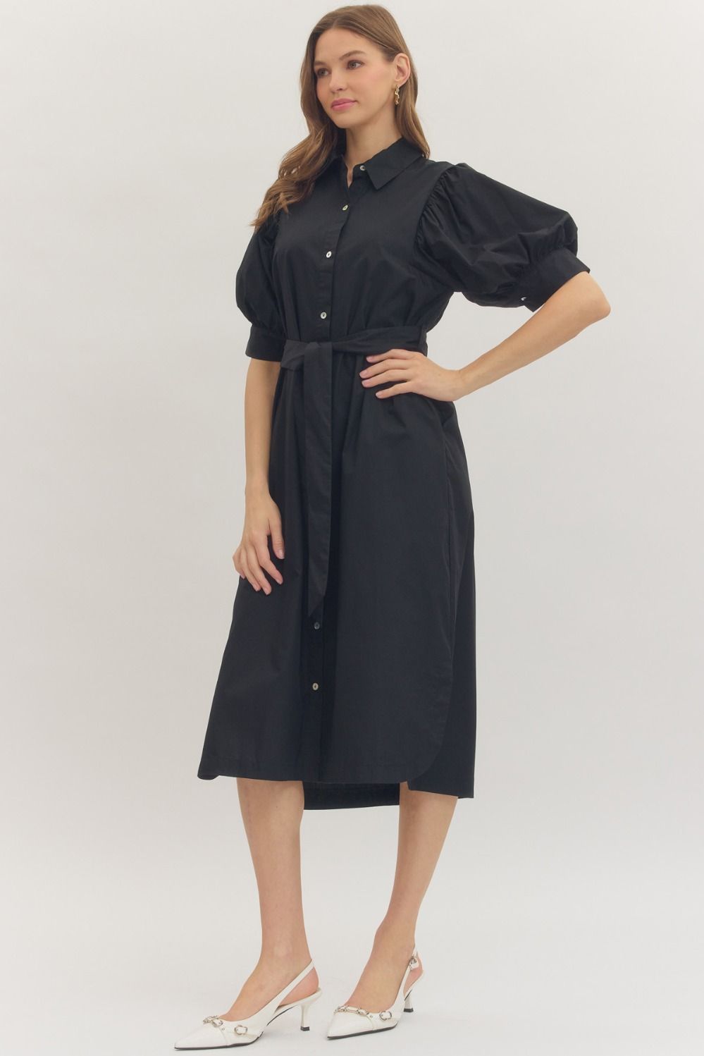 Black Solid Puff Sleeve Midi Featuring Shirt Collar