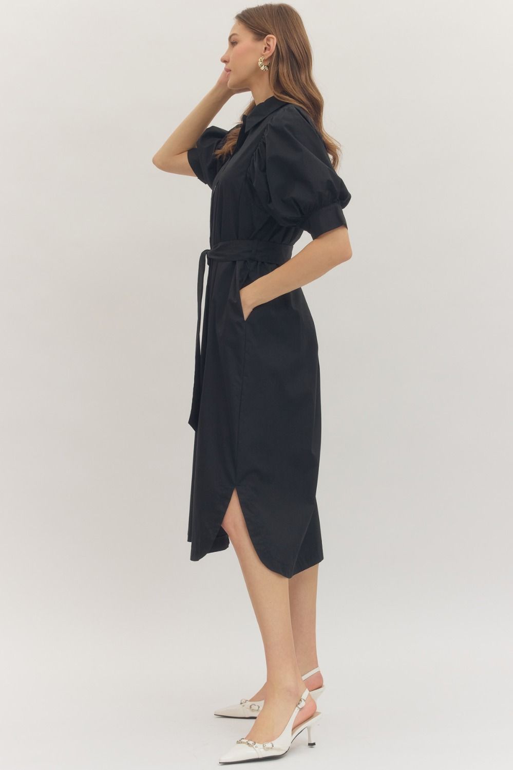 Black Solid Puff Sleeve Midi Featuring Shirt Collar
