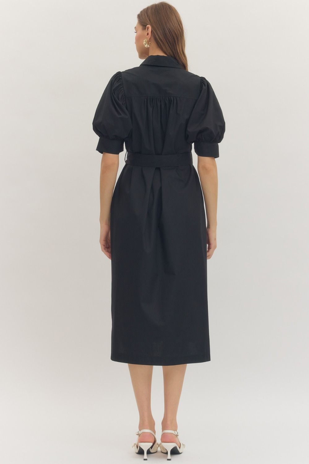 Black Solid Puff Sleeve Midi Featuring Shirt Collar