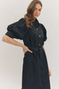 Black Solid Puff Sleeve Midi Featuring Shirt Collar