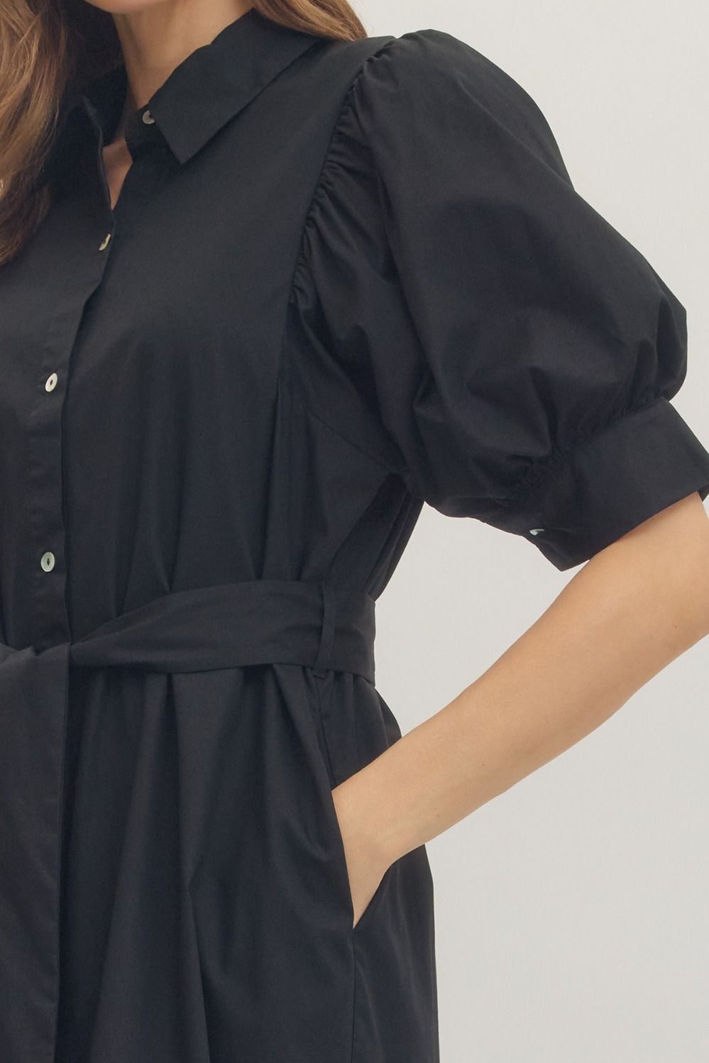 Black Solid Puff Sleeve Midi Featuring Shirt Collar