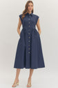 Navy Cap Sleeve Midi with Gathered Waist