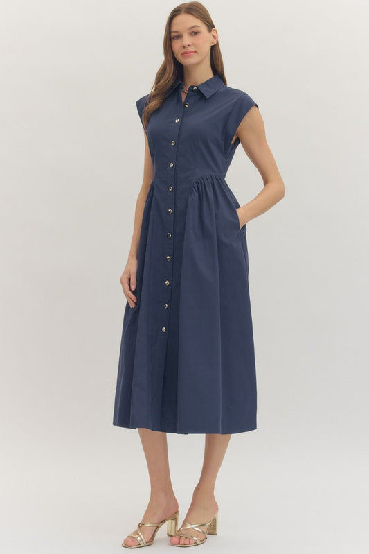 Navy Cap Sleeve Midi with Gathered Waist