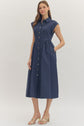 Navy Cap Sleeve Midi with Gathered Waist
