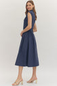 Navy Cap Sleeve Midi with Gathered Waist