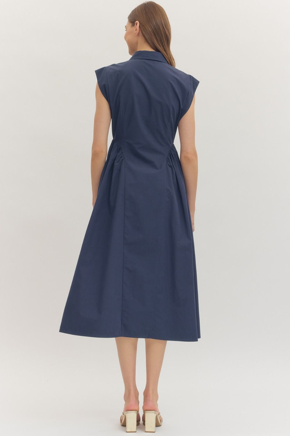 Navy Cap Sleeve Midi with Gathered Waist