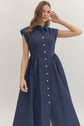 Navy Cap Sleeve Midi with Gathered Waist