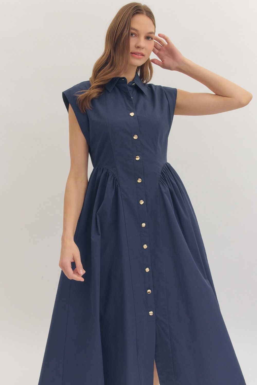 Navy Cap Sleeve Midi with Gathered Waist