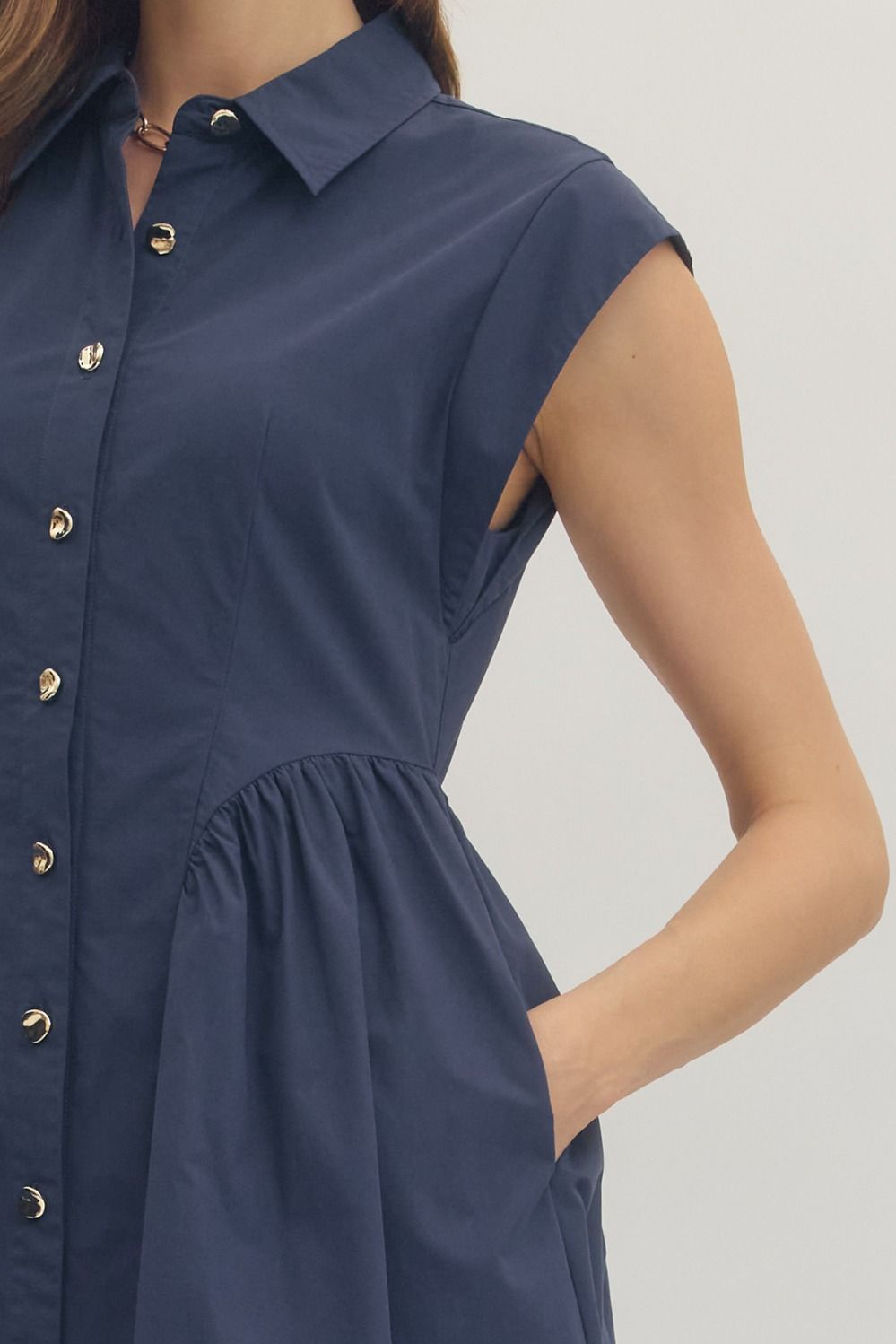Navy Cap Sleeve Midi with Gathered Waist