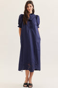 Solid Short Puff Sleeve Midi with Embroidered Scallop Hem