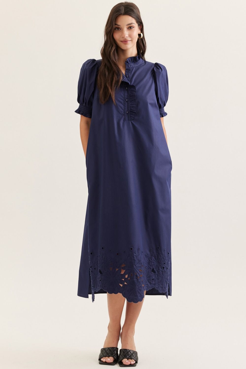 Solid Short Puff Sleeve Midi with Embroidered Scallop Hem