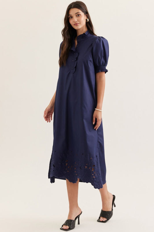 Solid Short Puff Sleeve Midi with Embroidered Scallop Hem