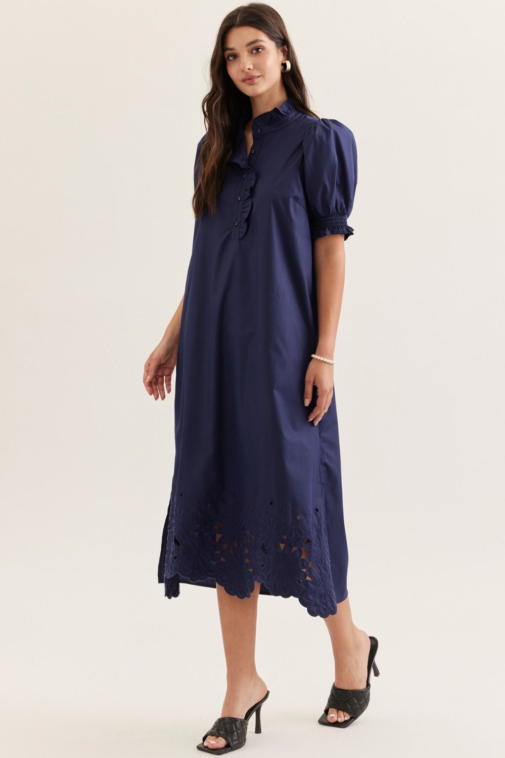 Solid Short Puff Sleeve Midi with Embroidered Scallop Hem