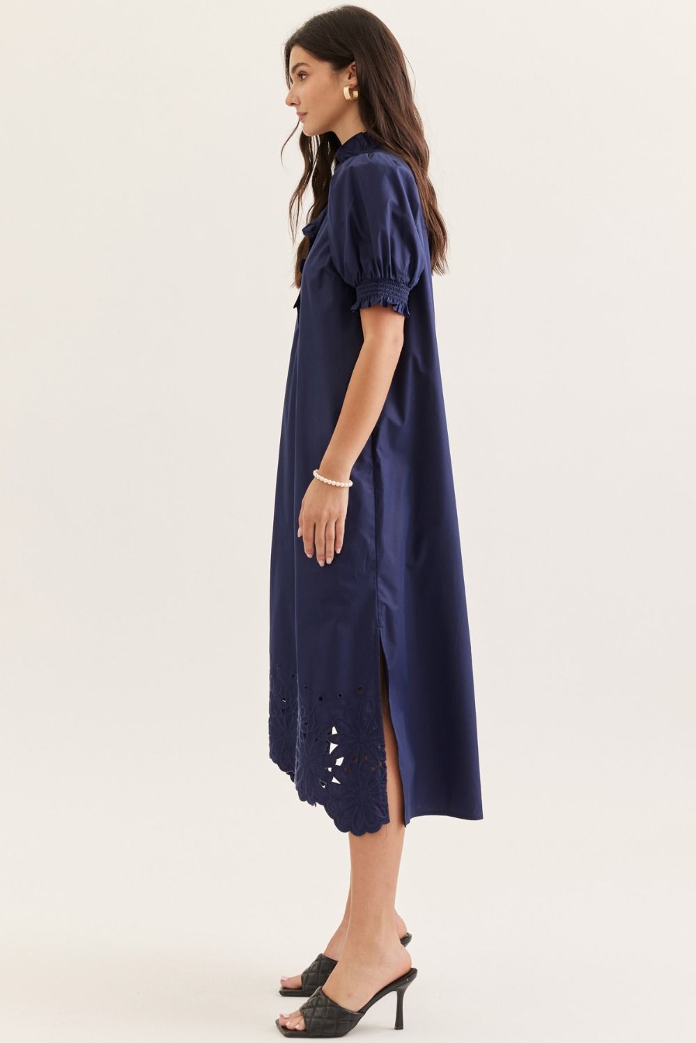 Solid Short Puff Sleeve Midi with Embroidered Scallop Hem
