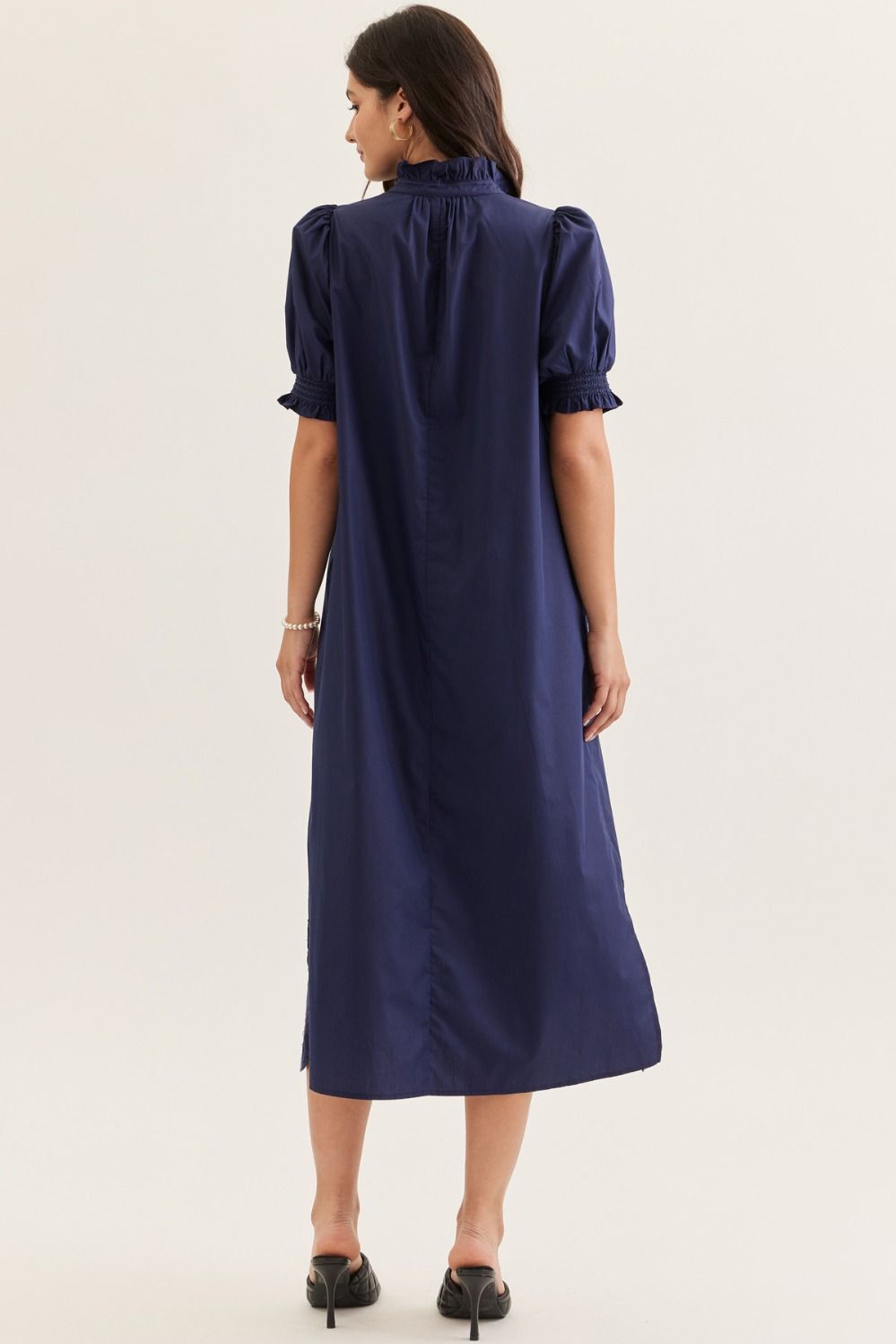 Solid Short Puff Sleeve Midi with Embroidered Scallop Hem