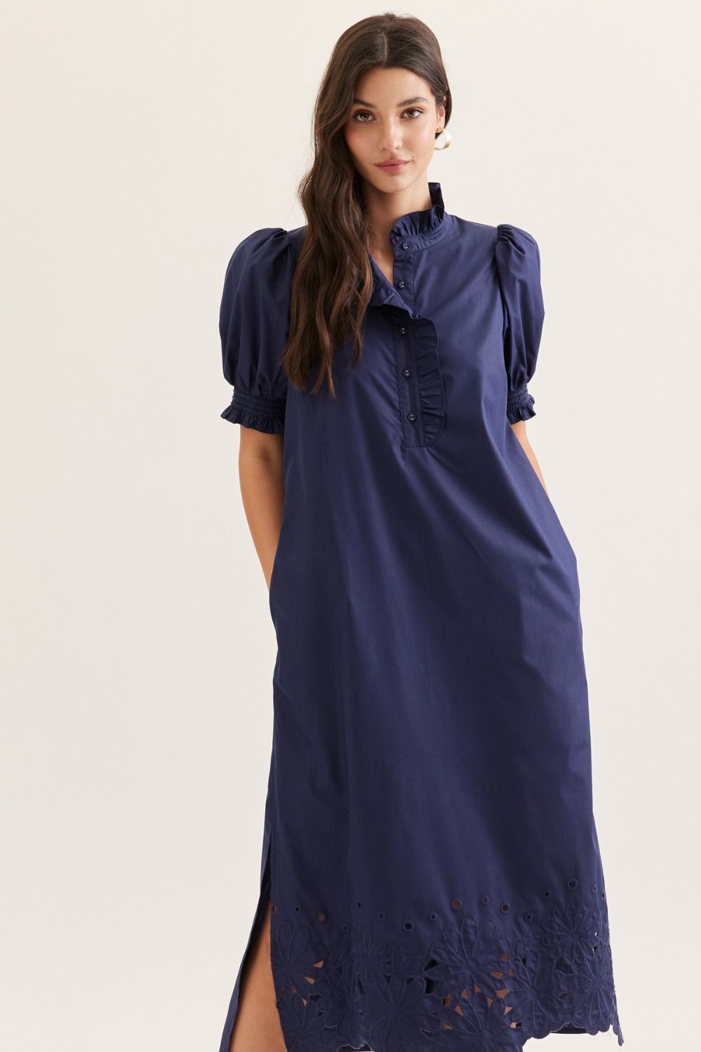 Solid Short Puff Sleeve Midi with Embroidered Scallop Hem