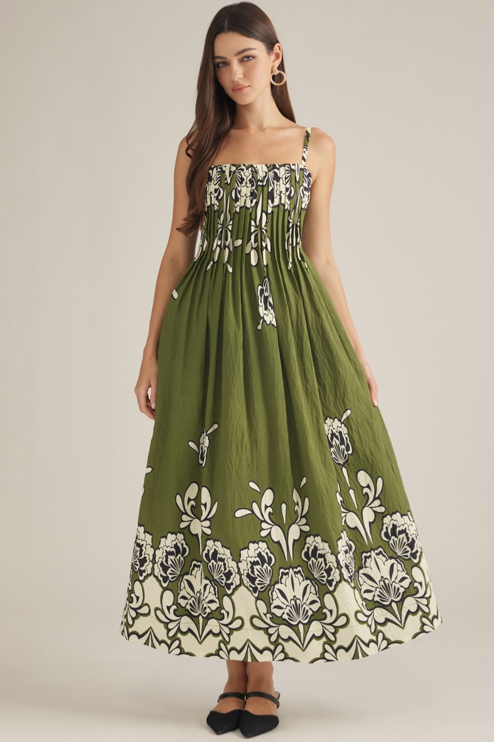 Olive Pleated Floral Print Maxi Dress
