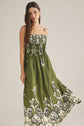 Olive Pleated Floral Print Maxi Dress